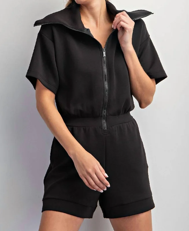 Women's Resort Attire Flowy Fabric Full Zip Romper In Black