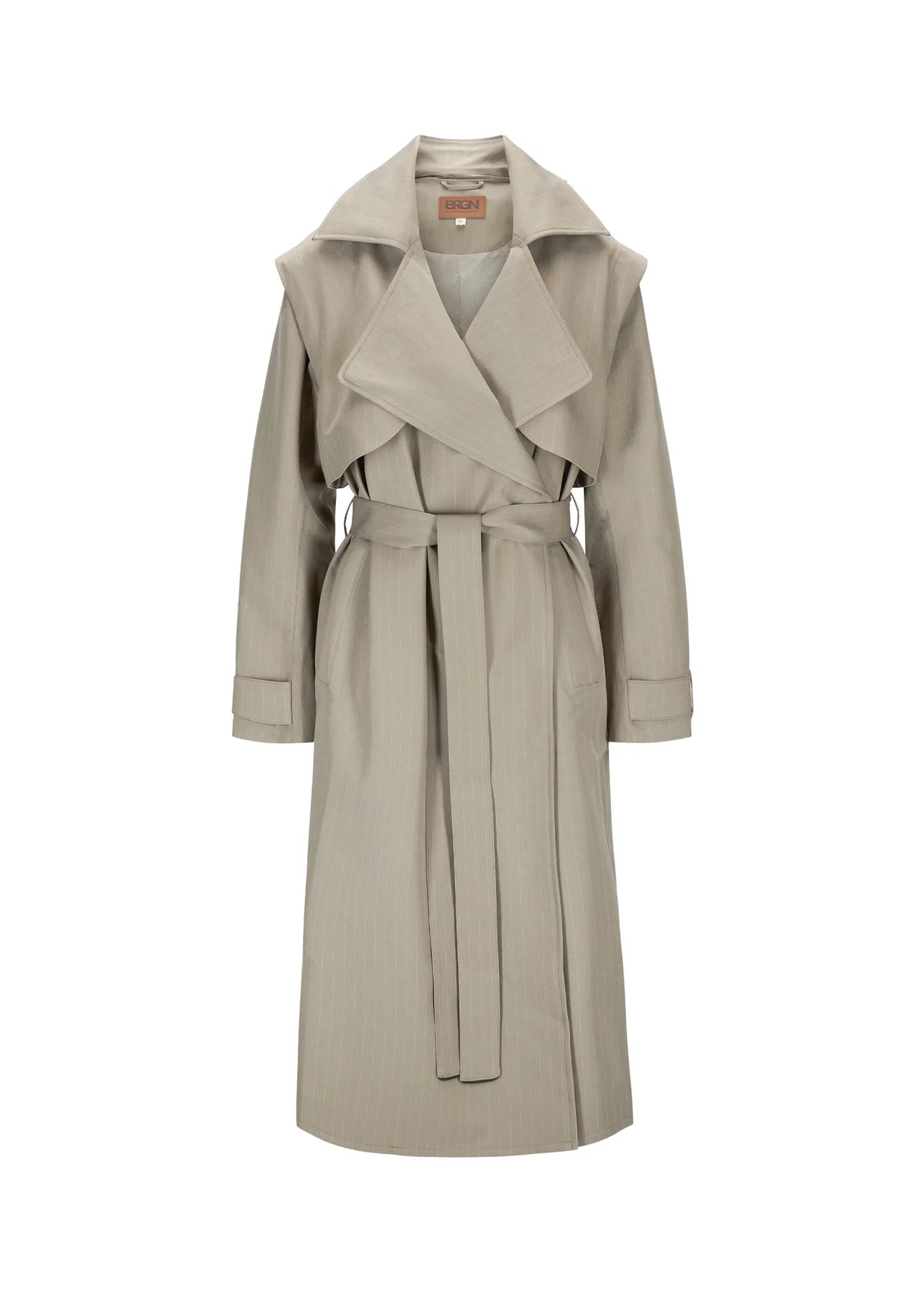 Women's High-Fashion Outfit Modern Romance BRGN Regndrape Trench Coat Pinstripe Taupe