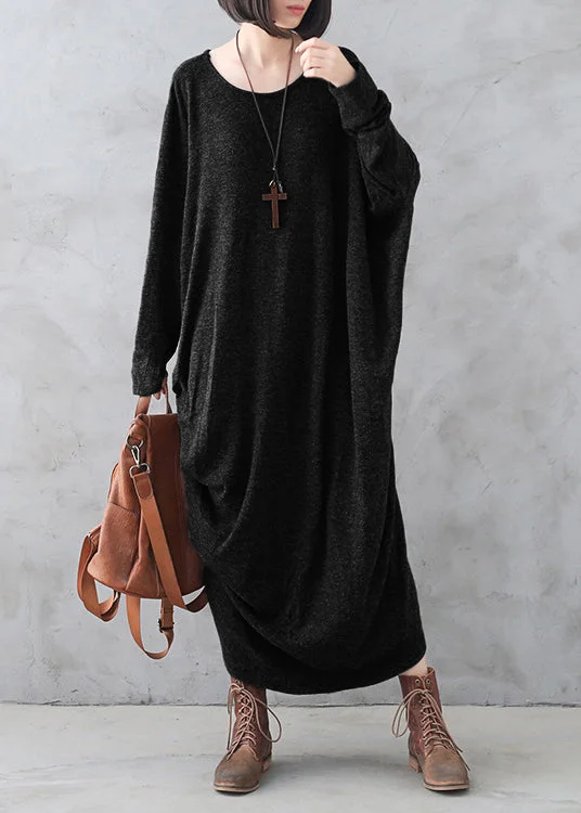 Women's Workout Clothing Hollywood Glam Award - Show Style Black O-Neck Low High Design Wool Knit Maxi Sweater Dress Fall