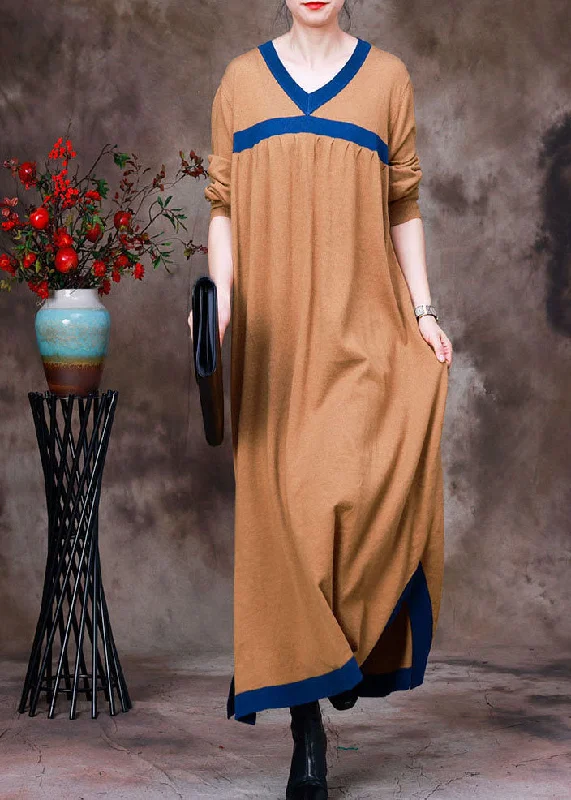 Stylish Outerwear Clothing For Women Today Only Handmade Yellow V Neck Patchwork Wool Knit Dress Long Sleeve