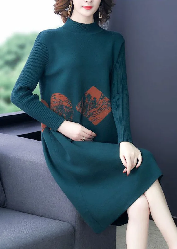 Timeless Women's Outfit Exclusive Sale Art Blackish Green High Neck Print Cashmere Knitted Dress Long Sleeve