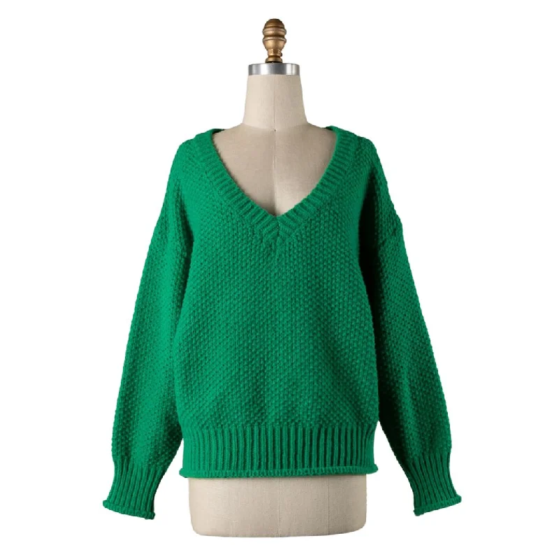 Women's Chic Outerwear Garments Fashion Essentials V-Neck Puff Sleeve Cable Knit Sweater (Green)