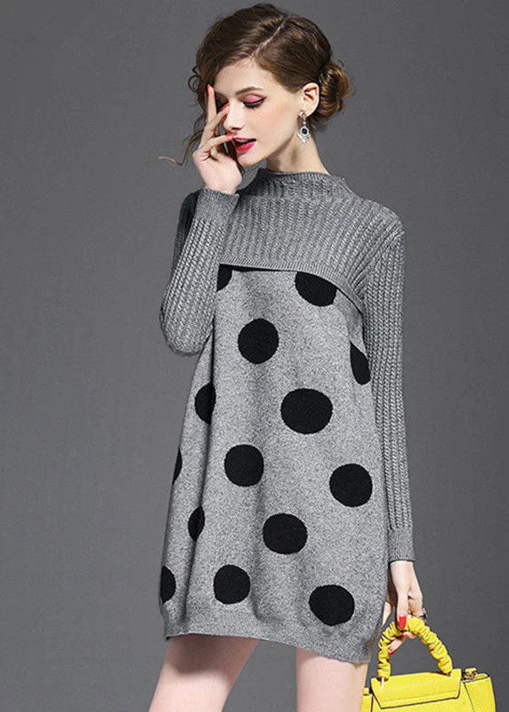 Women's Occasion Wear Clothing Limited Quantities DIY Grey Turtle Neck Dot Print Long Knit Dress Long Sleeve