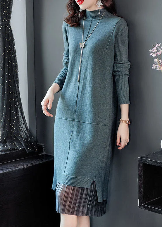 Women's Evening Outfit Save On Inspired Styles Elegant Lake Blue Turtle Neck Patchwork Knit Long Sweater Winter