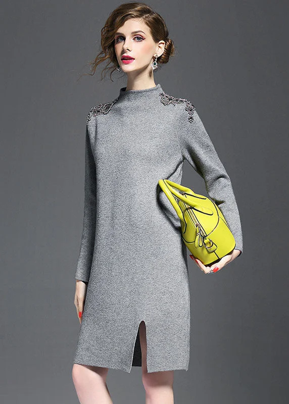 Fashion-Forward Women's Clothing Clearance Event Grey Knit Sweater Dress Turtle Neck Nail Bead Side Open Long Sleeve