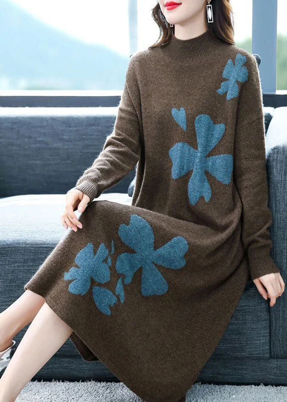 Women's Elegant Evening Outfit Fashion For Every Occasion Coffee Cashmere Long Sweater Dress Stand Collar Embroideried Long Sleeve