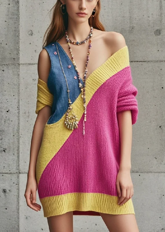 Casual Clothes For Women Flowing Silhouette Sexy Rose Asymmetrical Patchwork Denim Knitwear Dress Fall