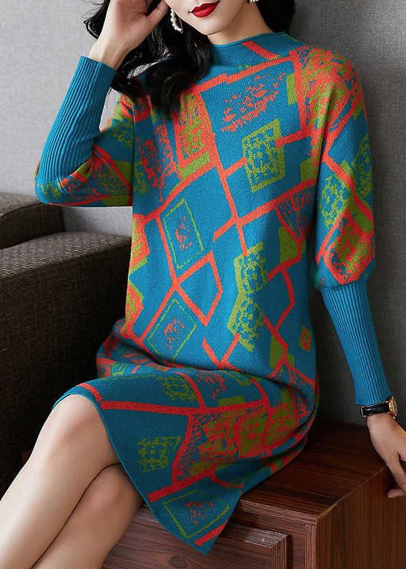 Women's Charming Outfit For Events Exclusive Sale Handmade Blue Turtle Neck Geometric Print Thick Knitted Dress Fall