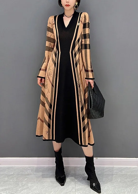 Women's Seasonal Wardrobe Clothing Mid - Season Sale Organic Yellow Patchwork Black V Neck Striped Knit Dresses Fall