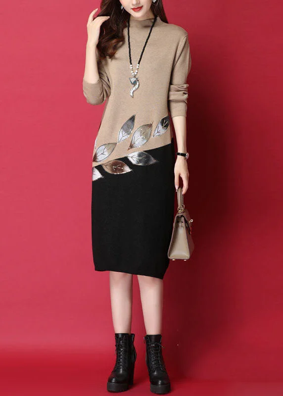 Women's Weekend Outfit First Order Discount Camel Patchwork Knitted Sweater Dress Leaf Sequins Long Sleeve