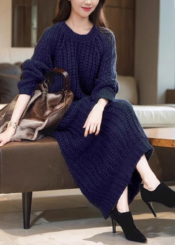 Women's Transitional Garments Fashion For Every Occasion Natural Navy O-Neck Patchwork Cozy Cotton Knit Long Dress Winter