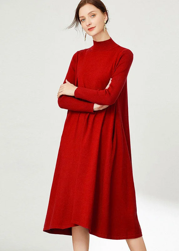 Women's Outfit Summer Splash Sale Red Solid Knit Long Sweater Stand Collar Oversized Long Sleeve