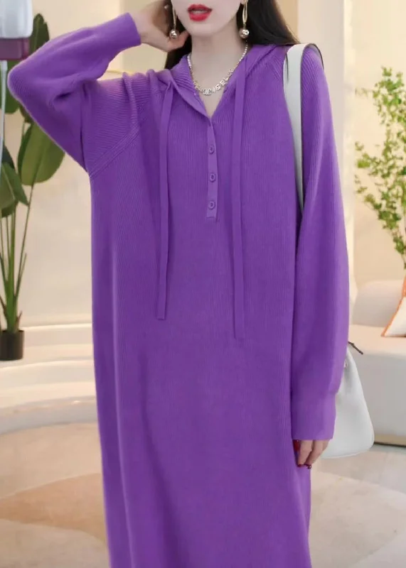 Women's Apparel And Garments Fashion-Forward Outfits Simple Purple Hooded Button Solid Knit Sweater Dress Winter