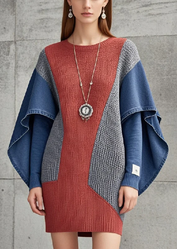 Women's Evening Clothes Contemporary Chic Brick Red Patchwork Denim Knit Sweater Dress Oversized Butterfly Sleeve