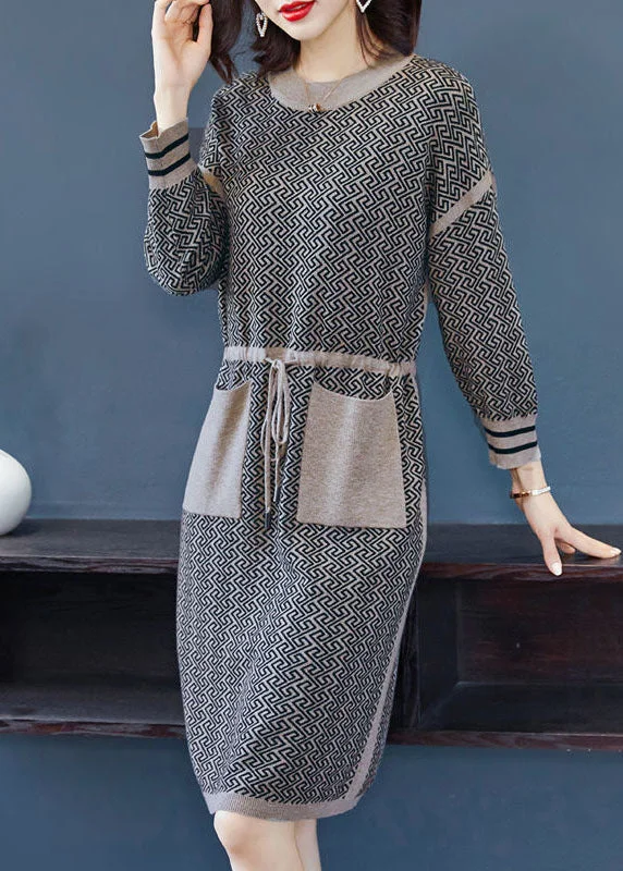 Women's Vacation Outfit Set Wardrobe Refresh Camel Patchwork Long Knit Dress Pockets Tie Waist Long Sleeve