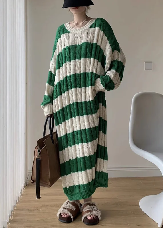 Women's Apparel Trend Alert Green Cozy Cotton Cable Long Knit Dress O Neck Spring