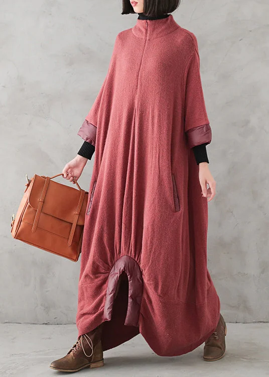 Women's Clothing For Travel Cottagecore Rustic Charm Style Loose Red Turtleneck Zippered Cashmere Knit Sweater Dress Winter