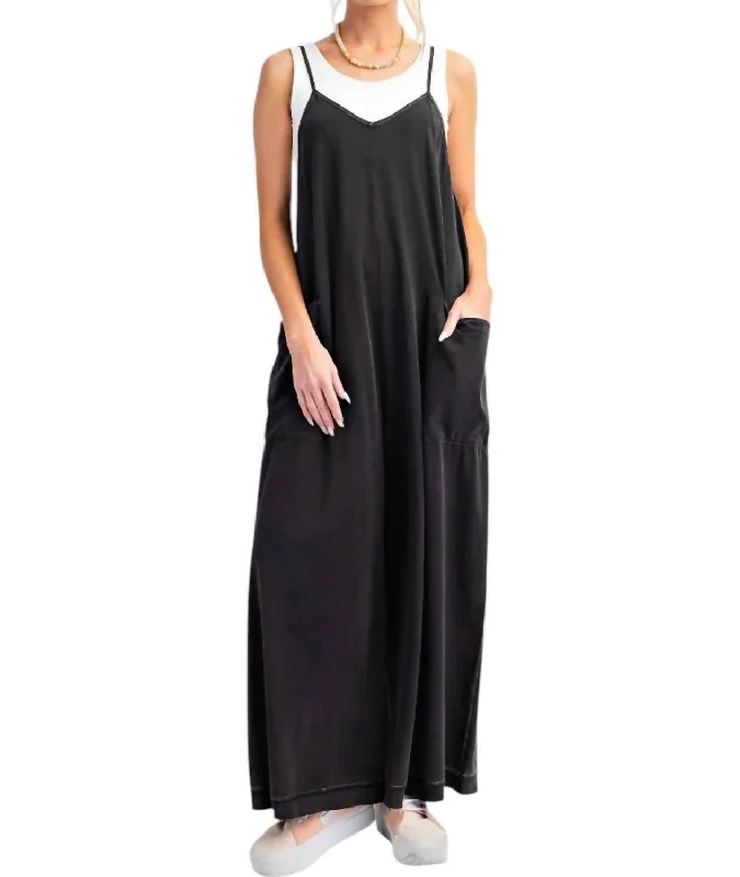 Women's Clothing For Outdoor Activities Trendsetter's Closet Mineral Washed Wide Leg Jumpsuit In Black