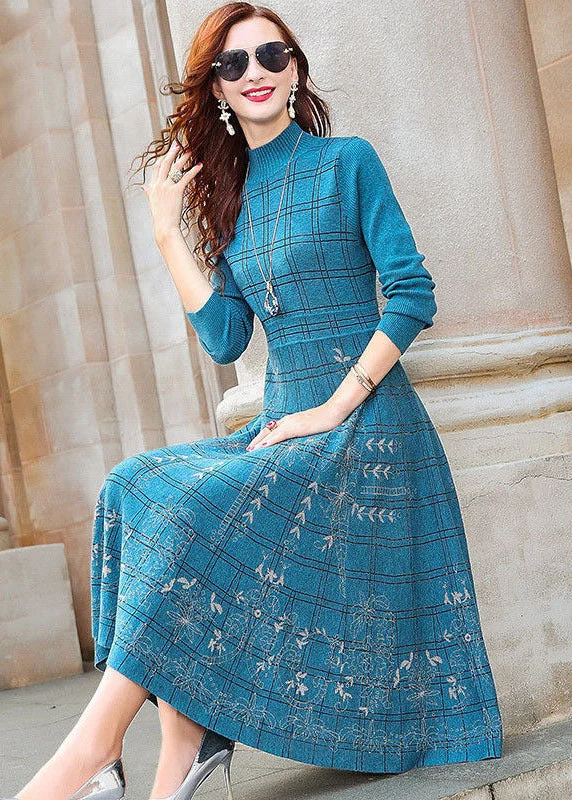 Women's Office Outfit Day-To-Night Styles Blue Print Knit Cinch Dress Stand Collar Plaid Exra Large Hem Winter