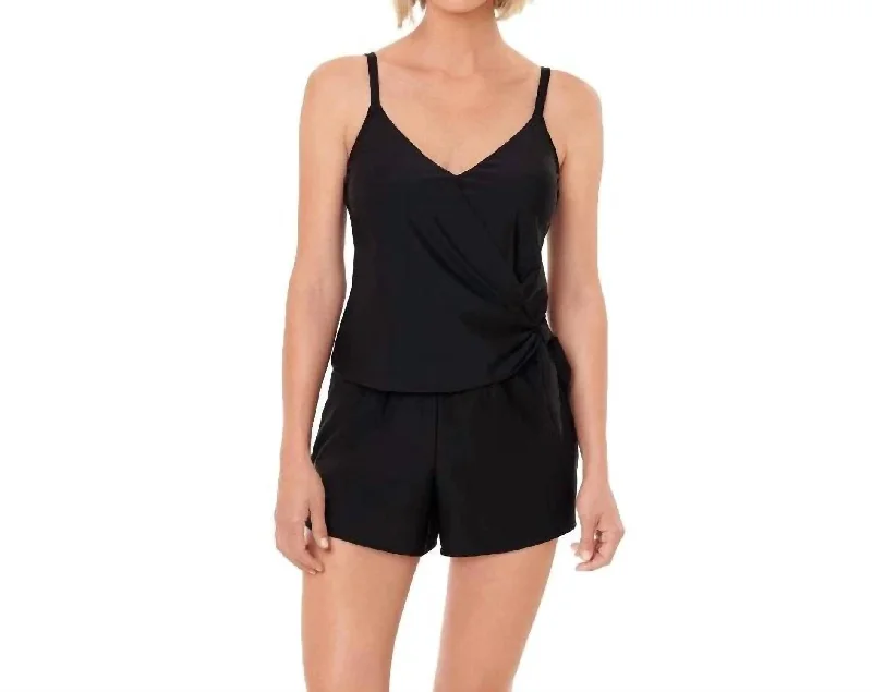 Women's Contemporary Clothing Chic Styles Solid Wrap Romper In Black