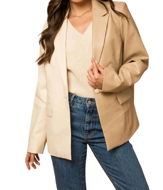 Formal Attire For Women Chic Styles Bobbi Colorblock Faux Leather Blazer In Off White/taupe Moon