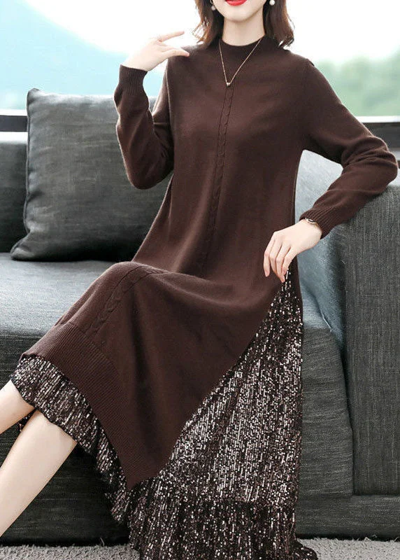 Women's Elegant Outfit Wardrobe Essentials French Chocolate Turtle Neck Patchwork Sequins Knit Long Sweater Dress Long Sleeve