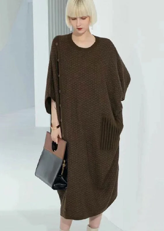 Women's Professional Outfit Special Offer Boutique Chocolate O-Neck Patchwork Button Long Wool Knit Dress Bracelet Sleeve