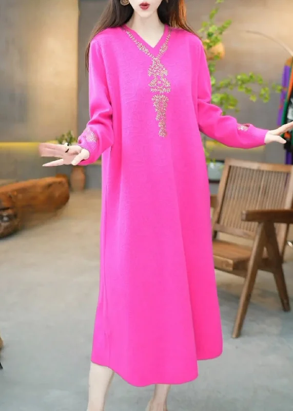 Women's Professional Garments Clearance Event Beautiful Rose V Neck Zircon Knit Long Dress Winter