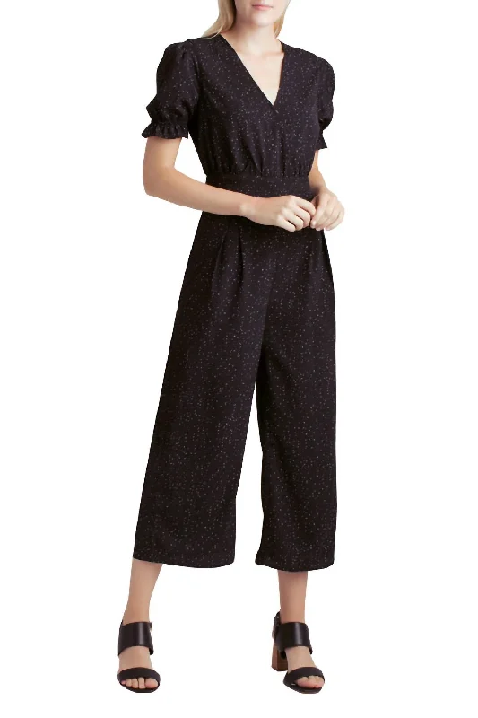 Women's Professional Outfit Evening Looks Short Sleeve Belted V-Neck Jumpsuit In Black