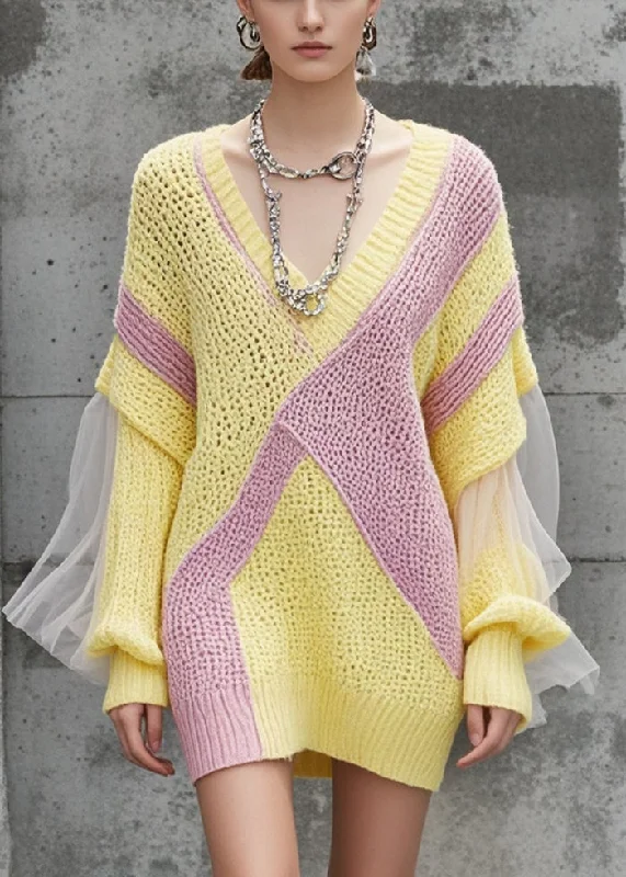 Comfortable Lounge Clothing Art Deco Geometric Pattern Look Elegant Yellow V Neck Patchwork Tulle Knitwear Dress Fall