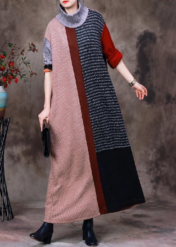 Stylish Women's Outfit Winter Warm - Up Sale Vintage Turtleneck Striped Patchwork Knit Long Sweater Dress Long Sleeve