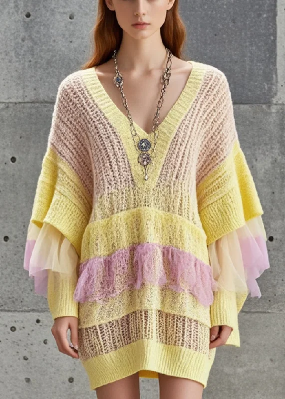 Women's Sporty Clothes Dreamy Aesthetic Plus Size Yellow Hollow Out Patchwork Tulle Knitted Dress Fall