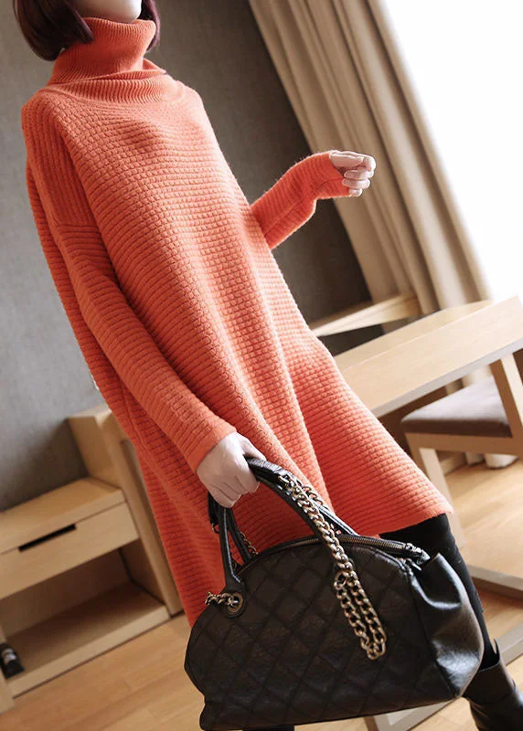 Women's Attire Wardrobe Upgrade Simple Orange Turtle Neck Oversized Knitted Long Sweater Spring