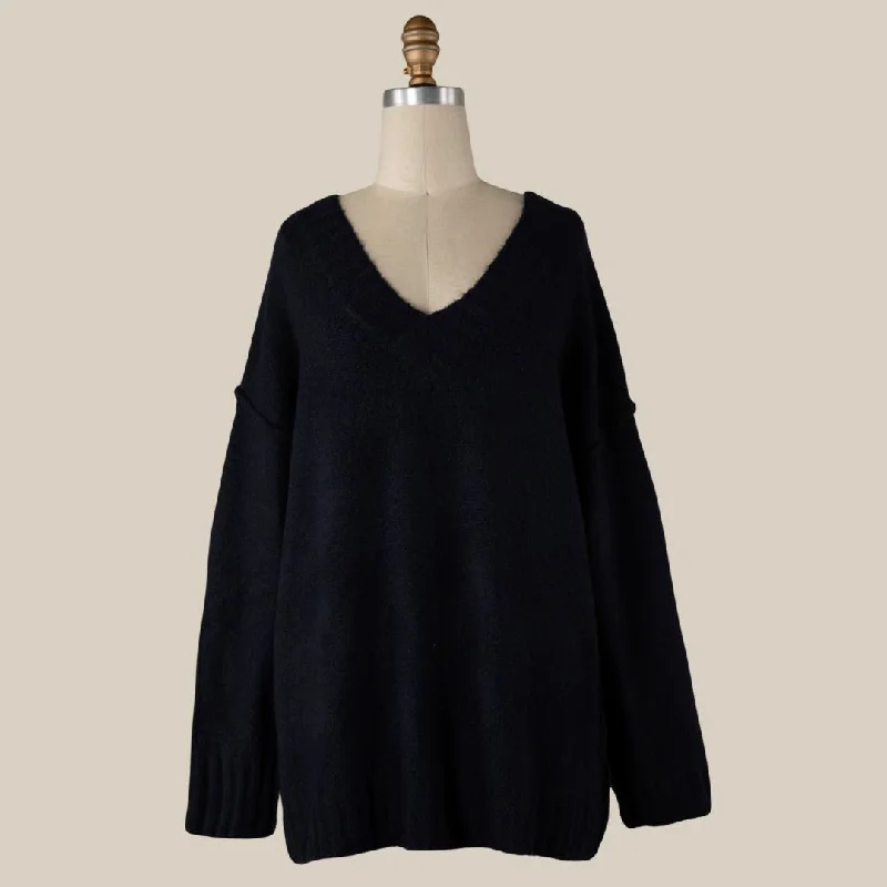 Elegant Women's Evening Garments Evening Looks Long Sleeve V-Neck Fluffy Sweater Top (Navy)