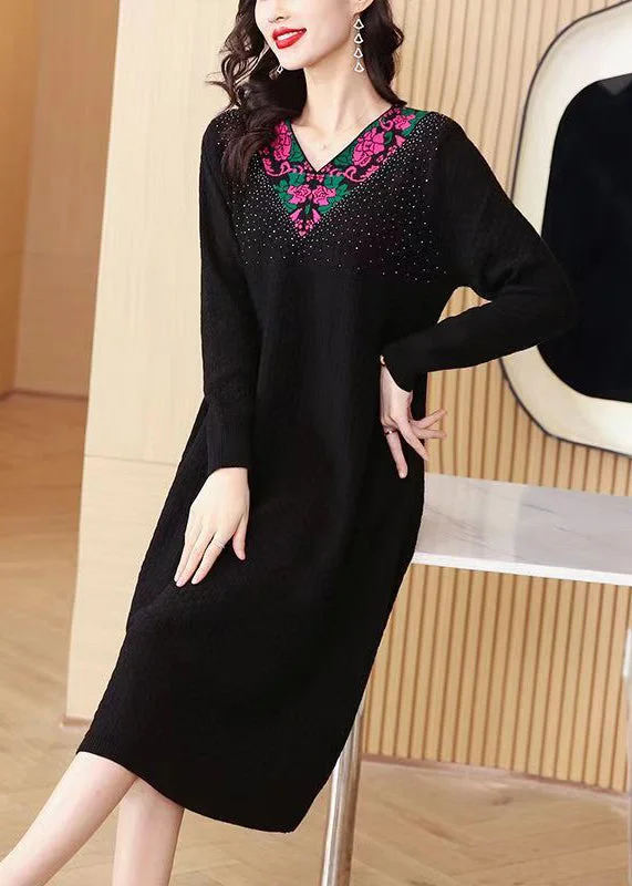 Women's Evening Apparel Stylish Savings Black Zircon Patchwork Knit Winter Sweater Dress V Neck