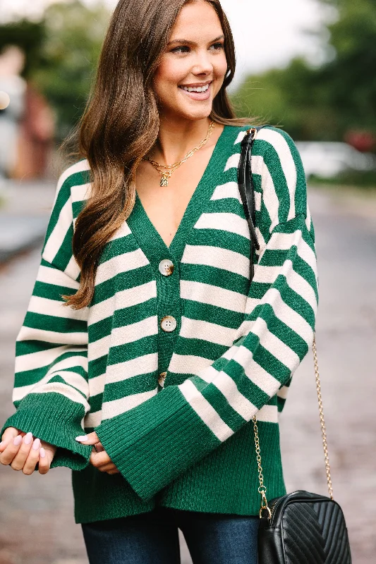 Women's Elegant Clothes Vibrant Femme Fashion Looking Out Emerald Green Striped Cardigan