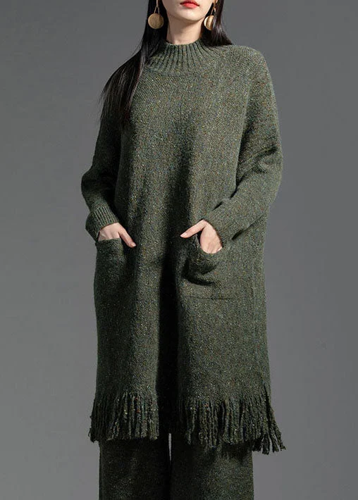 Women's Evening Attire Evening Elegance Elegant Green Tasseled Patchwork Wool Knitting Dress Winter