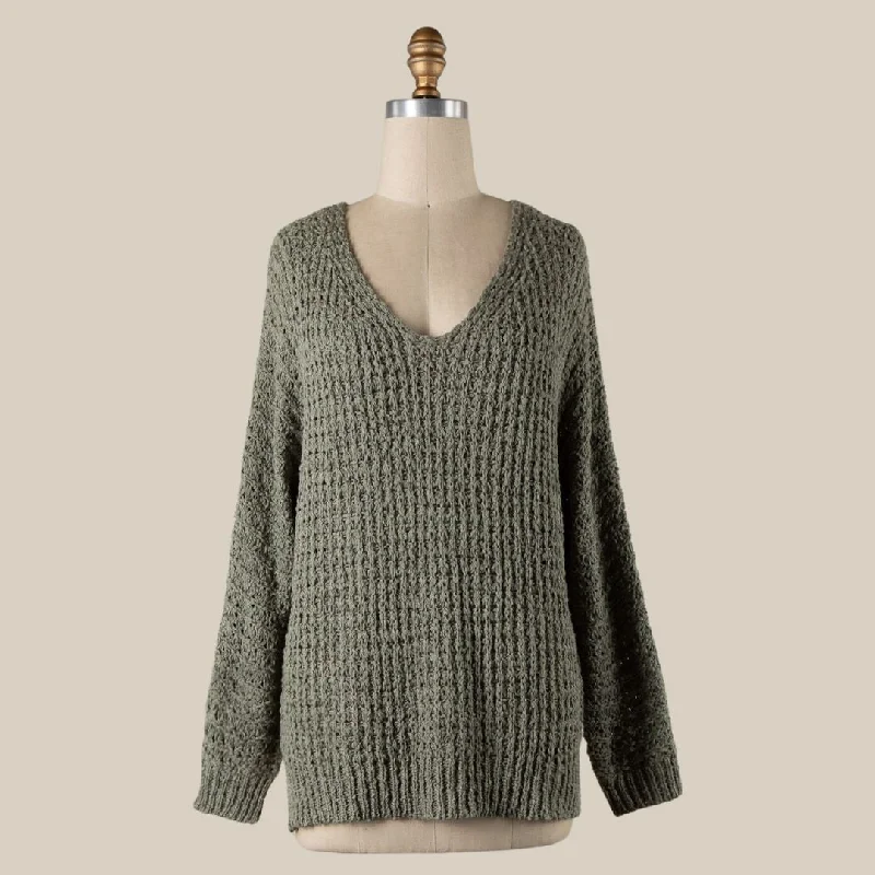 Timeless Women's Apparel Brand Name Clothing Discount Extravaganza V Neck Ribbed Trim Cable Knit Sweater (Sage)