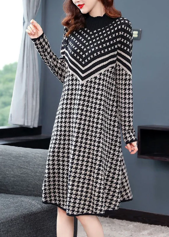 Women's Comfortable Lounge Outfit Pastel Styles Black White Print Cinch Sweater Dress High Neck Long Sleeve