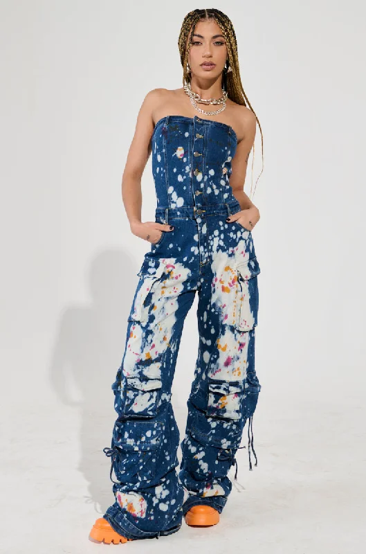 Women's Evening Wear Attire Vibrant Prints LAURYN STRAPLESS CARGO SPLATTERED DENIM JUMPSUIT