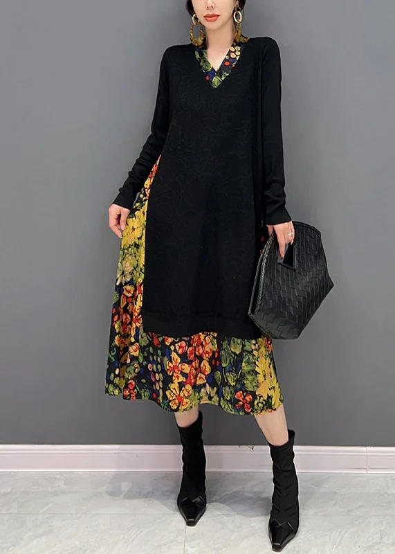 Women's Contemporary Clothing Early Access To Art Deco Styles Sale Art Black V Neck Print Patchwork Fake Two Pieces Knit Dresses Fall