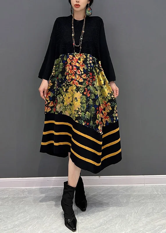 Affordable Fashion Clothing For Women Limited - Edition Drops DIY Black O-Neck Print Striped Patchwork Knit Long Dresses Fall