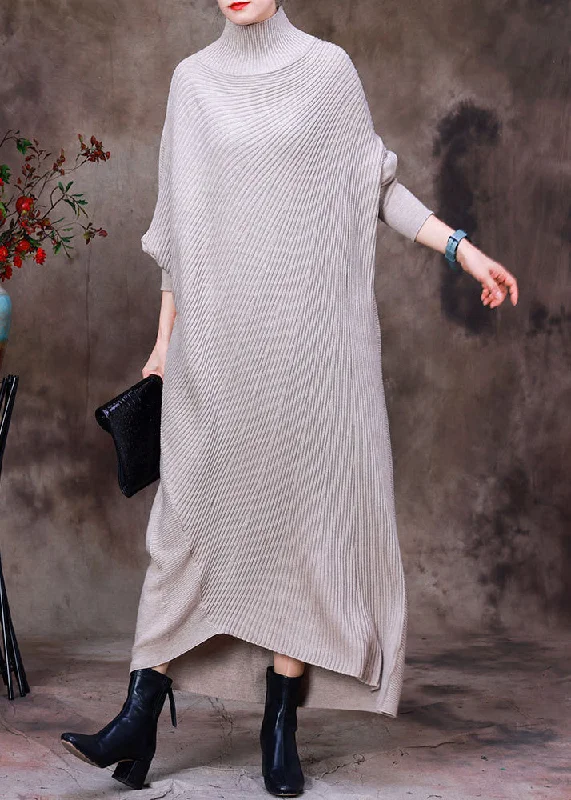 Women's Vintage-Inspired Clothing Last Chance Sale Casual Apricot Turtleneck Low High Design Woolen Knit Ankle Sweater Dress Long Sleeve