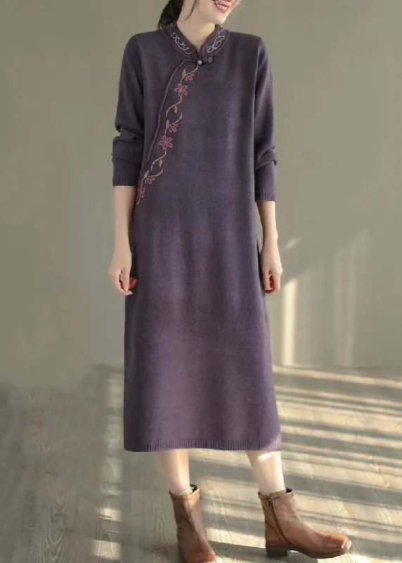 Luxury Women's Clothing Tropical Island - Inspired Attire Women Purple Stand Collar Embroideried Knit Sweater Dress Winter