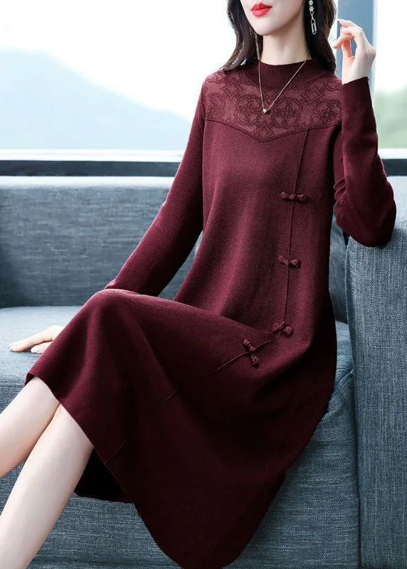 Affordable Women's Outfit Wardrobe Update Italian Red Stand Collar Patchwork Oriental Cashmere Knitwear Dress Winter