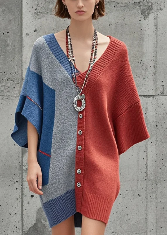 Stylish Women's Clothing Effortless Sophistication Organic Colorblock Asymmetrical Design Knitted Dress Batwing Sleeve