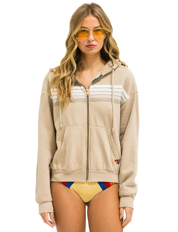 Women's Vintage-Inspired Outfit Seasonal Fashion 5 Stripe Relaxed Zip Hoodie, Sand/White Grey