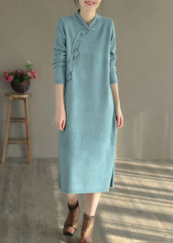 Sustainable Women's Clothing Final Clearance Blue Oriental Long Knit Dress Embroideried Side Open Winter