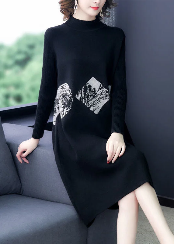 Fashionable Women's Outfit Hot Styles Black Print Warm Cashmere Sweater Dress Stand Collar Long Sleeve