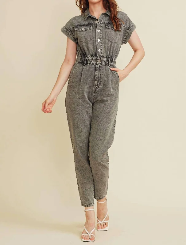 Women's Comfortable Clothes For Weekends Your Timeless Wardrobe Awaits Cap Sleeve Denim Jumpsuit In Acid Wash